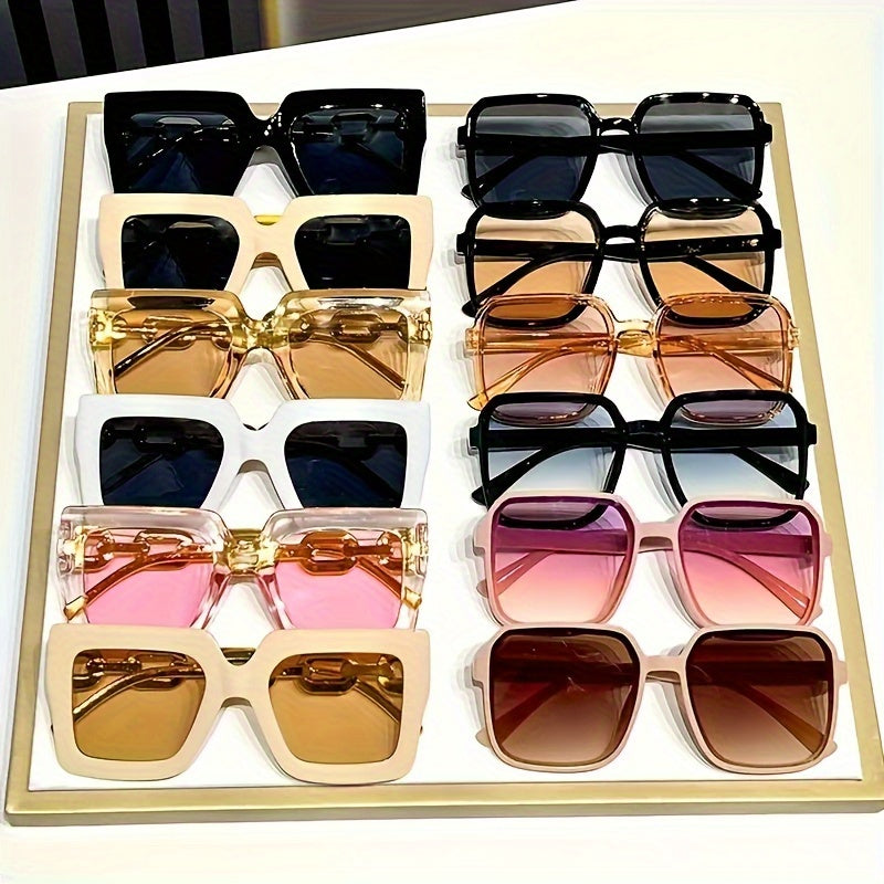 12pcs Large Frame Golden Chain Temples Fashionable Glasses Large Square Frame Dopamine Color Matching Decorative Glasses 12 Pairs Of Glasses Set Suitable for Family Couples Nightclub Matching Party Shop Wholesale